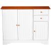 White Wood Sideboard Buffet Cabinet with Walnut Finish Top and Knobs