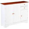 White Wood Sideboard Buffet Cabinet with Walnut Finish Top and Knobs