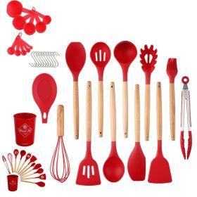 33 Piece Set Wooden Handle Silicone Kitchen Utensils (Color: Red)
