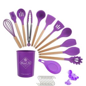 33 Piece Set Wooden Handle Silicone Kitchen Utensils (Color: Purple)