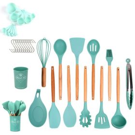 33 Piece Set Wooden Handle Silicone Kitchen Utensils (Color: Dark Green)