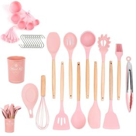 33 Piece Set Wooden Handle Silicone Kitchen Utensils (Color: Pink)