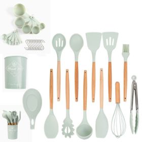 33 Piece Set Wooden Handle Silicone Kitchen Utensils (Color: Light Green)