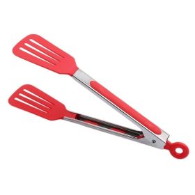 Nylon & Stainless Steel 9 Inch Spatula Square Head Food Clip (Color: Red)