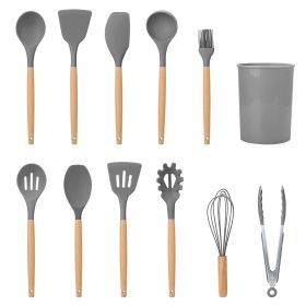 11 Piece Silicone Cooking Utensil Set, Heat Resistant, Wooden Handles (Color: Grey)