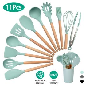 11 Piece Silicone Cooking Utensil Set, Heat Resistant, Wooden Handles (Color: LightGreen)