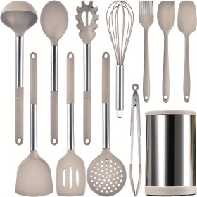12-piece Kitchen Utensils Set Non-stick Heat-resistant, BPA-Free, Silicone Handles (Color: Khaki)