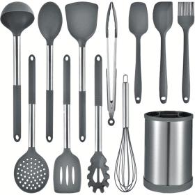 12-piece Kitchen Utensils Set Non-stick Heat-resistant, BPA-Free, Silicone Handles (Color: Grey)