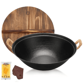 WANGYUANJI 14.2 Handmade Wok, Cast Iron, Flat Bottom (Color: Black)