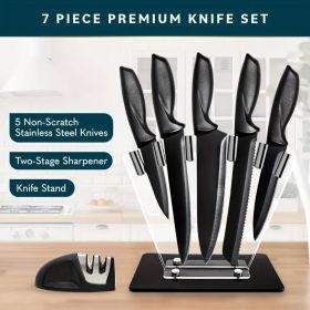 7-Piece High Carbon Stainless Steel Kitchen Knife Set With Sharpener (Color: Black)