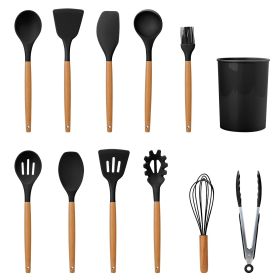 11 Piece Silicone Cooking Utensil Set, Heat Resistant, Wooden Handles (Color: Black)