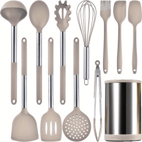 12-piece Kitchen Utensils Set Non-stick Heat-resistant, BPA-Free, Silicone Handles (Color: Khaki)