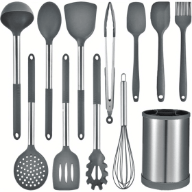 12-piece Kitchen Utensils Set Non-stick Heat-resistant, BPA-Free, Silicone Handles (Color: Grey)