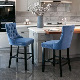Contemporary Velvet Upholstered Barstools with Button Tufted Decoration and Wooden Legs (Color: as Pic)